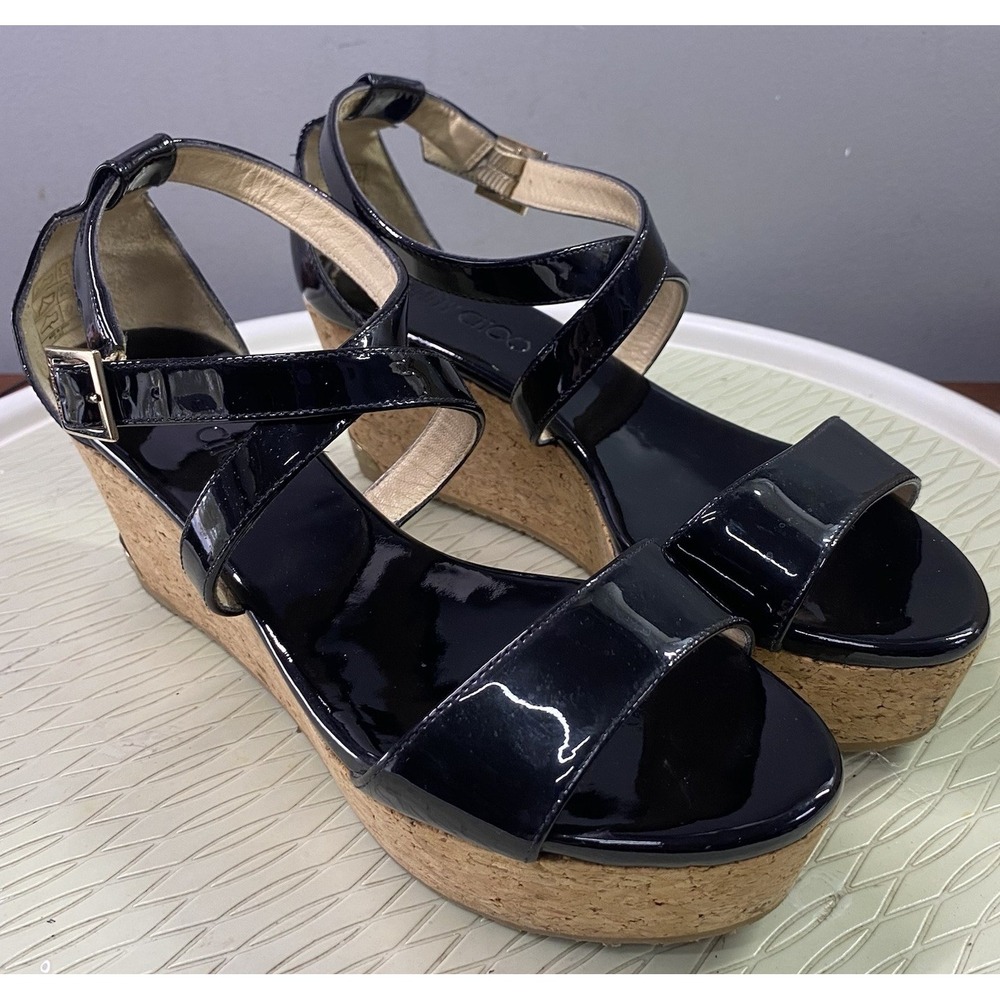 JIMMY CHOO Portia 70 Women Strappy Patent Leather Wedge Cork Sandals Black 38/8